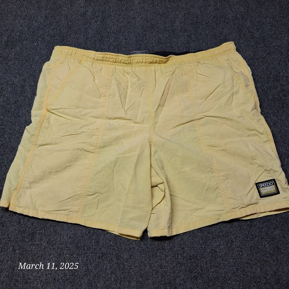 **‎ Distressed Speedo Yellow Shorts Men Size XL Mesh Lined Trunks